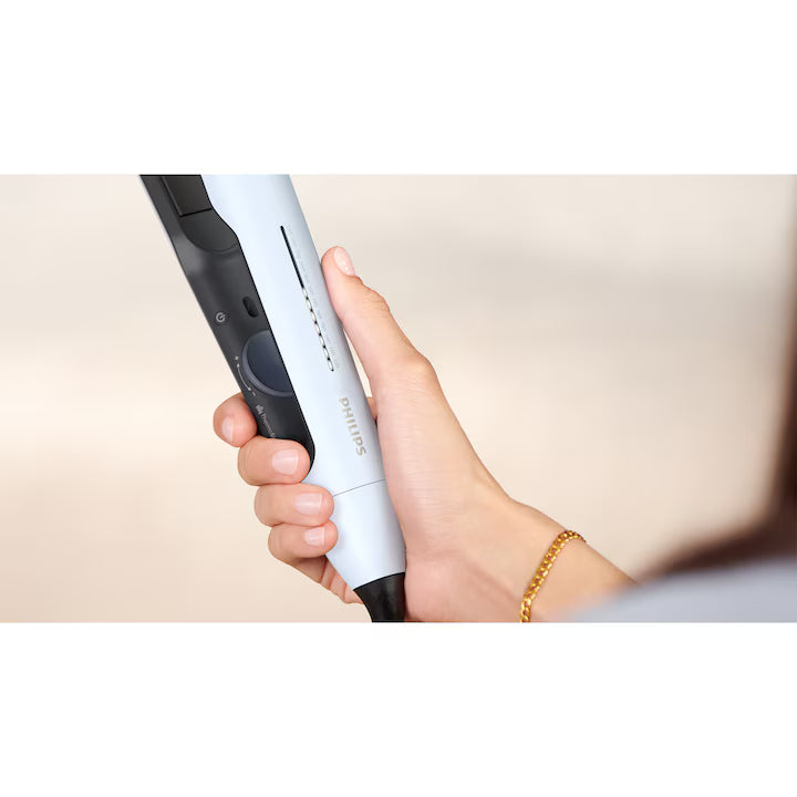 Placa de indreptat parul Philips Prestige BHS520/00, tehnologie ThermoShield, placi infuzate cu ulei de argan, 230°C, ingrijire ioni, 12 setari temperatura, husa termorezistenta, Albastru deschis