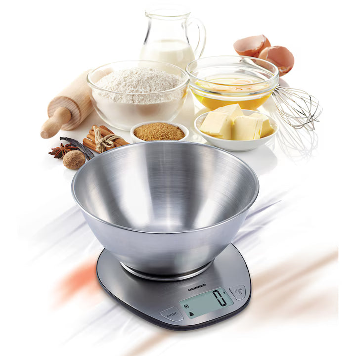 Cantar de bucatarie cu bol Heinner HKS-5SS, bol 5kg, full inox, functie tara, functie cantarire lichide, 1g, display lcd, Inox
