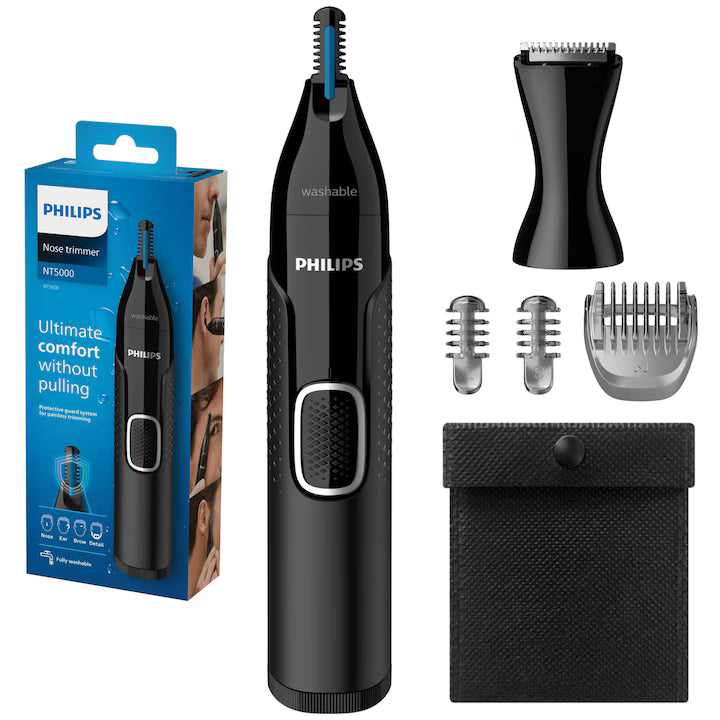 Trimmer pentru nas/urechi Philips NT5650/16, baterie, lavabil, utilizare umed si suscat, tehnologie Precision Trim, otel inoxidabil, pieptene pentru sprancene, 2 piepteni 3-5 mm, Negru
