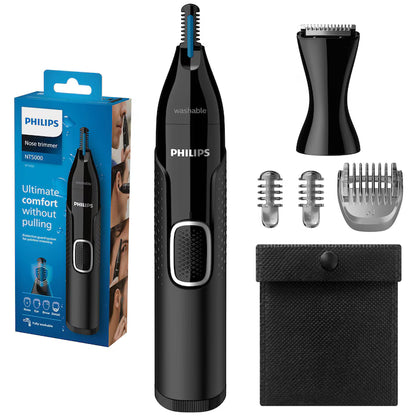 Trimmer pentru nas/urechi Philips NT5650/16, baterie, lavabil, utilizare umed si suscat, tehnologie Precision Trim, otel inoxidabil, pieptene pentru sprancene, 2 piepteni 3-5 mm, Negru