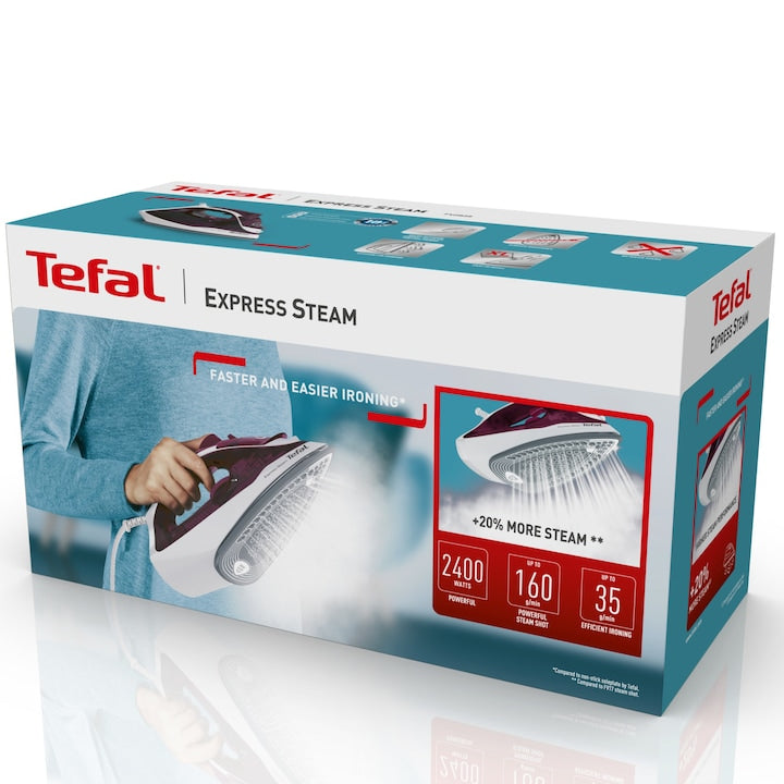 Fier de calcat Tefal Express Steam FV2835E0, 2400W, Jet de abur 160 g/min, abur variabil 0-35 g/min, 270 ml, violet