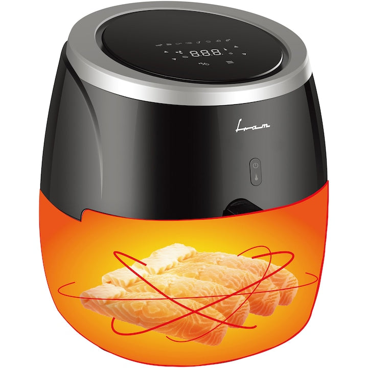 Friteuza cu aer cald FRAM Airfryer FAF-MD2000BK, gatire fara ulei, 2000W, capacitate cos 5L, afisaj digital, control Touch, vas detasabil anti-adeziv, termostat reglabil: 80-200˚C, negru