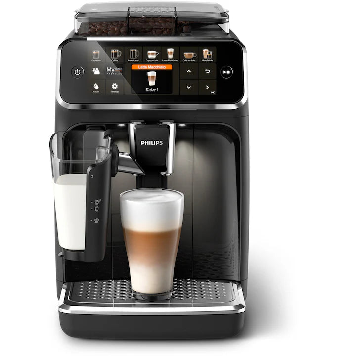 Espressor automat Philips EP5441/50 seria 5400, solutie de lapte LatteGo, 12 tipuri de bauturi, ecran tactil, rasnita ceramica, functie QuickStart, preparare silentioasa, jet suplimentar, 12 setari macinare, 4 profiluri de utilizator, negru