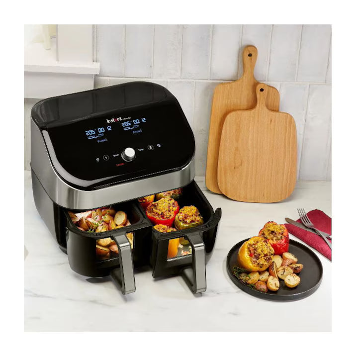 Friteuza cu aer cald Instant Pot Vortex Plus Dual ClearCook, 1700 W, Capacitate 7.6 litri, Clear Cook, Ecran digital, Doua cosuri detasabile, 6 functii de gatire, Negru/Argintiu