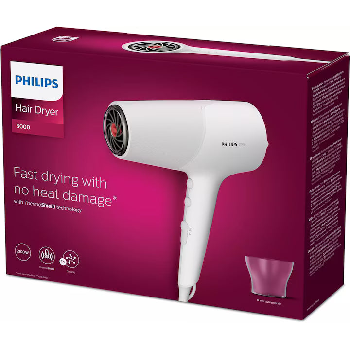 Uscator de par Philips BHD500/00, 2100W, tehnologie ThermoShield, ingrijire cu ioni, 2 setari de viteza, 3 setari de temperatura, cap de coafare 14 mm, Alb