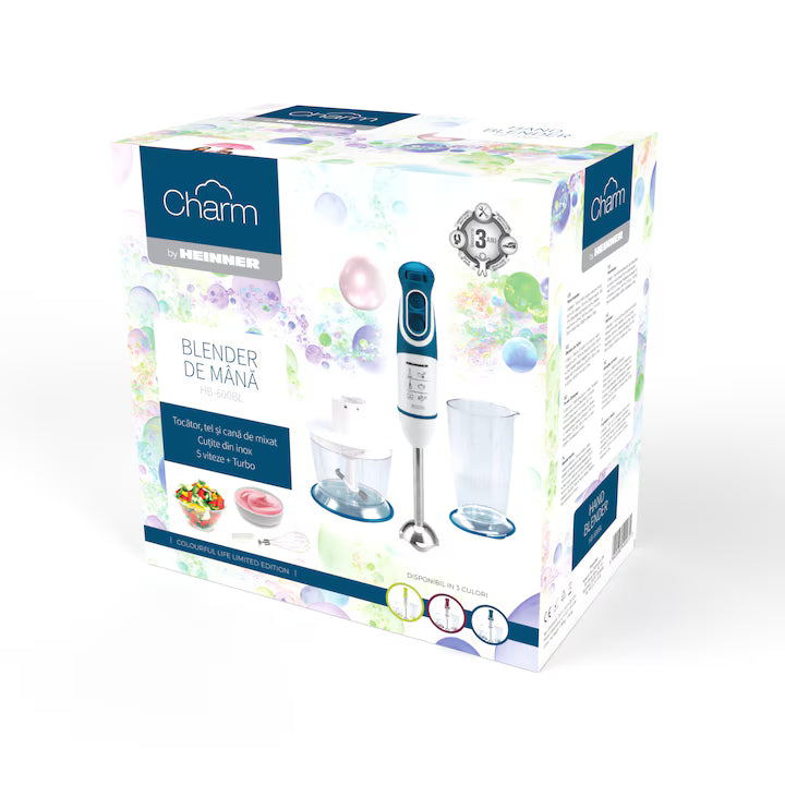 Mixer vertical Heinner Charm HB-600BL, 600W, 5 viteze, functie Turbo, tel, tocator, alb/albastru