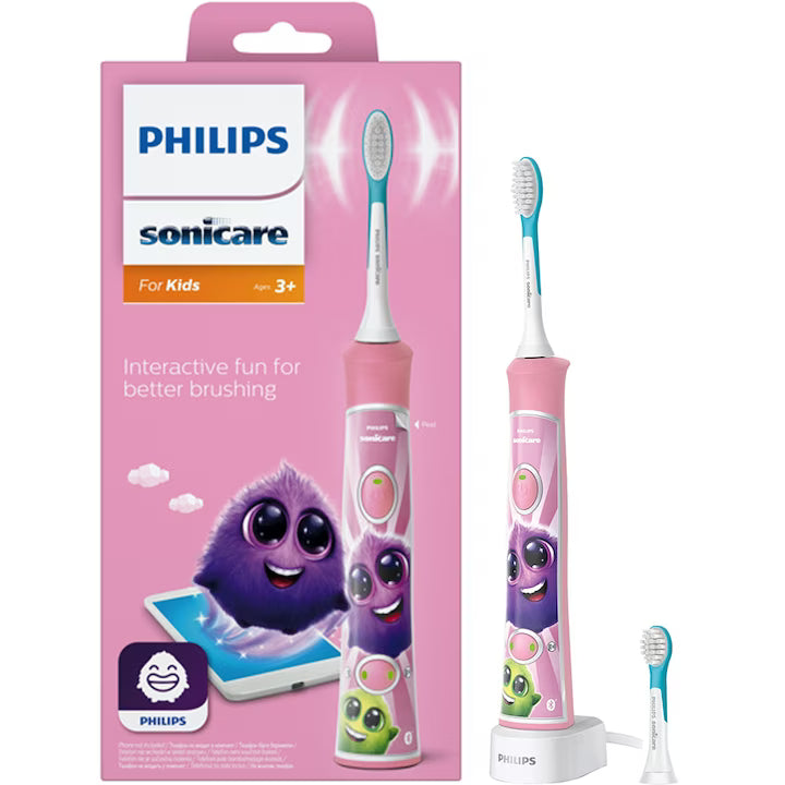 Periuta de dinti electrica pentru copii Philips Sonicare HX6352/42, 2 moduri de periaj, 2 niveluri de intensitate, 62.000 miscari/minut, contine 2 capete de periere: pentru 3 si 7 ani, 8 stikere, conectare aplicatie Philips Sonicare for Kids, roz