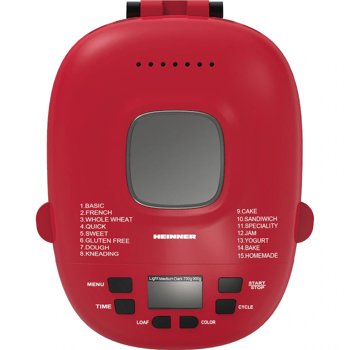 Masina de paine Heinner PastryChef 550 HBM-915BKR, 550W, capacitate 700-900g, 15 programe, negru/ rosu