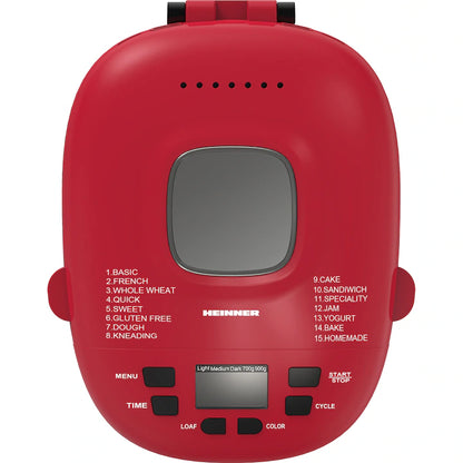 Masina de paine Heinner PastryChef 550 HBM-915BKR, 550W, capacitate 700-900g, 15 programe, negru/ rosu