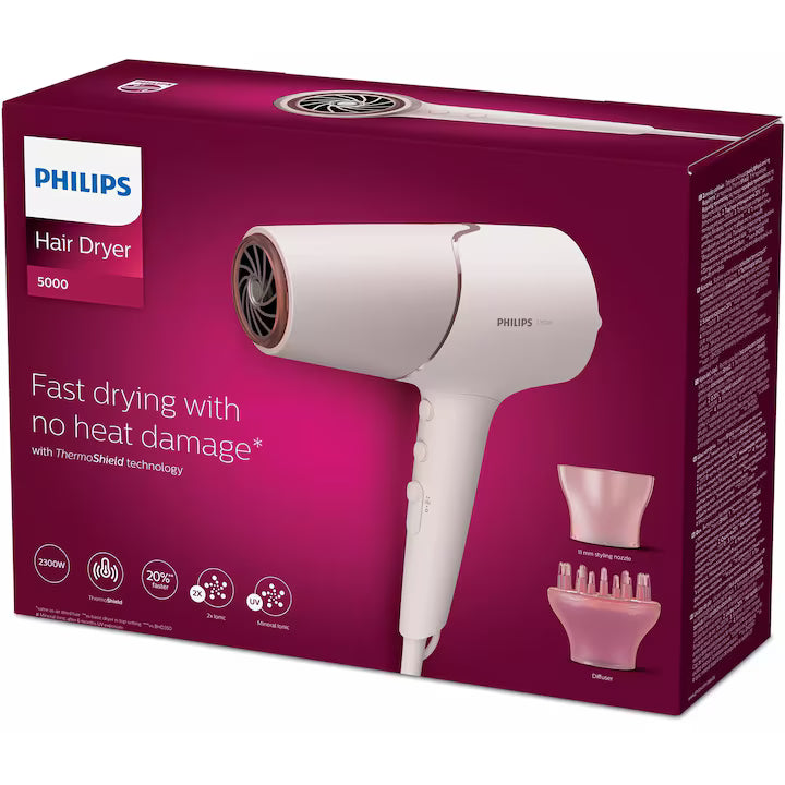 Uscator de par Philips BHD530/00, 2300W, tehnologie ThermoShield, ingrijire cu ioni, 2 setari de viteza, 3 setari de temperatura, difuzor, cap de coafare 11 mm, Rose gold/perlat