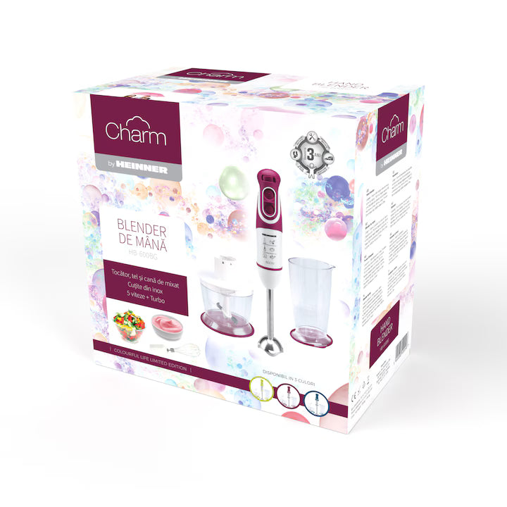 Mixer vertical Heinner Charm, 600W, 5 viteze, functie Turbo, tel, tocator, Alb/Visiniu
