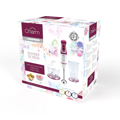 Mixer vertical Heinner Charm, 600W, 5 viteze, functie Turbo, tel, tocator, Alb/Visiniu