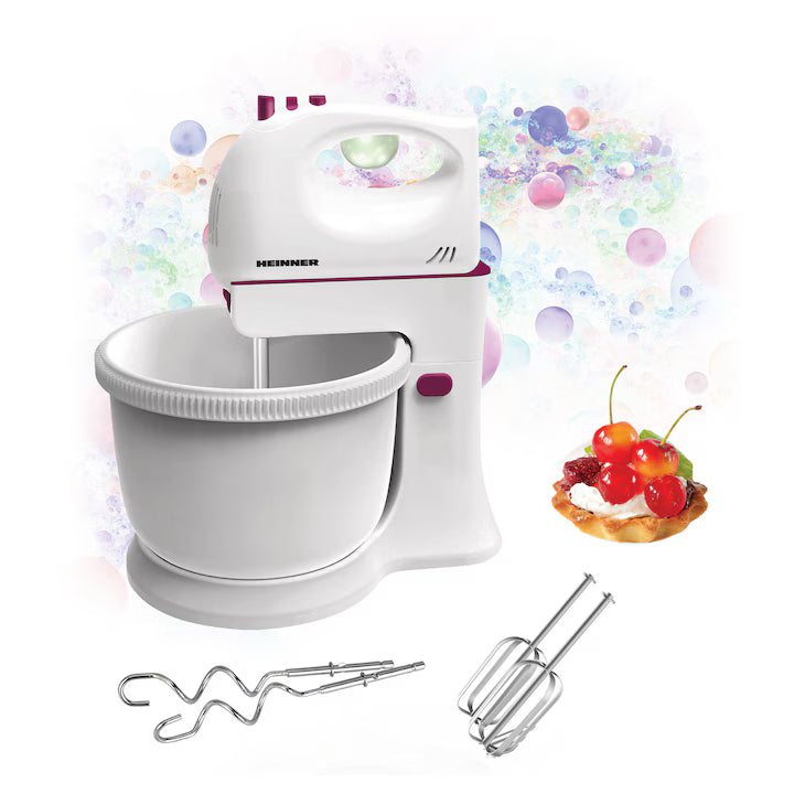 Mixer cu bol Heinner Charm HMB-350BG, 300W, 5 viteze + turbo, teluri si palete inox, bol rotativ 2.5l, alb/visiniu