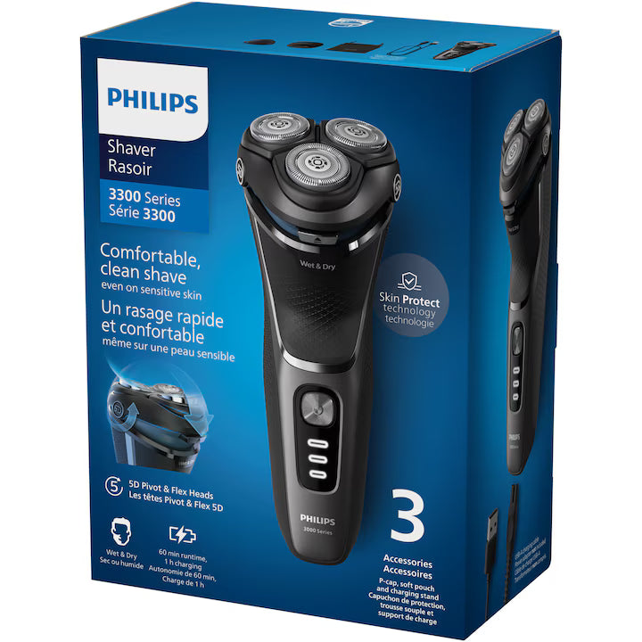 Aparat de ras PHILIPS Shaver Seria 3000 S3343/13, barbierit umed şi uscat, fara fir, capete 5D pivotante si flexibile, lame autoascutire, 60 min, sistem de barbierire anticoroziune, capac de protectie, suport de incarcare, Negru