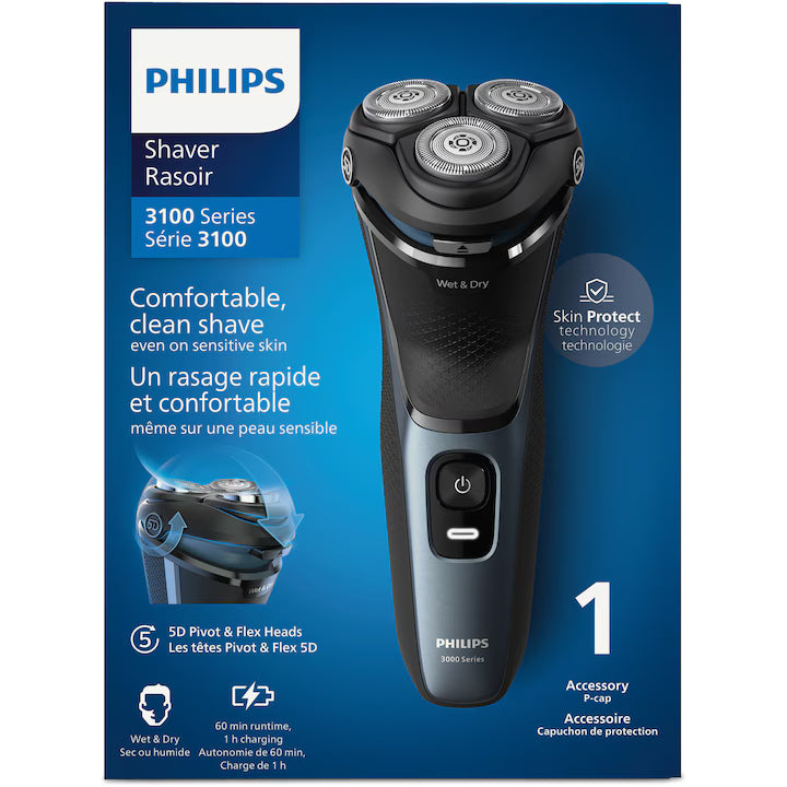 Aparat De Ras Philips Shaver Seria 3000 S3144/00, Barbierit Umed Şi Uscat, Fara Fir, Capete 5D Pivotante Si Flexibile, Lame Autoascutire, 60 Min, Capac De Protectie, Intens, L X A X I (Mm)