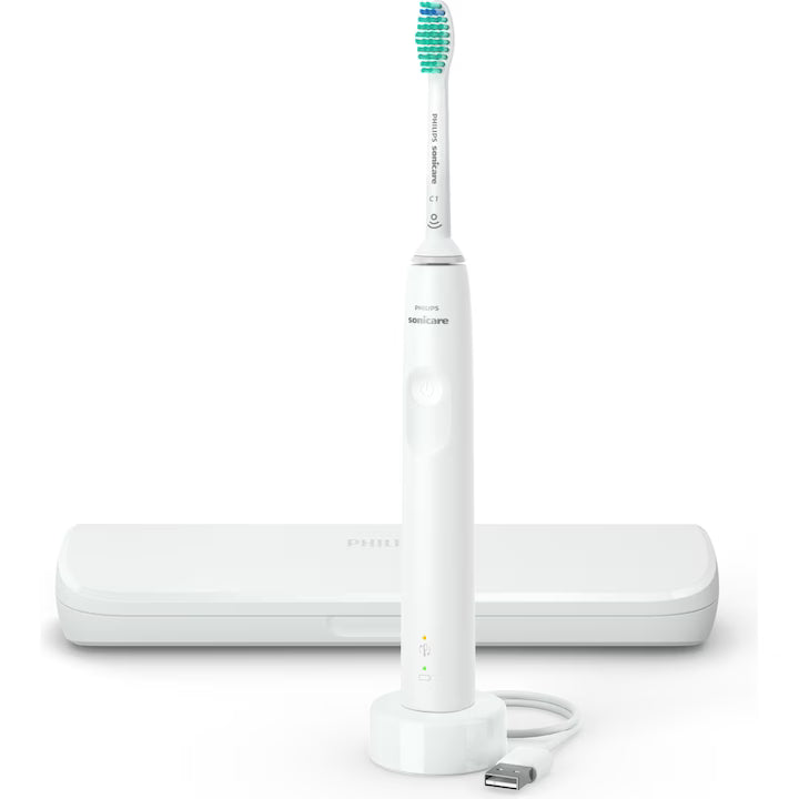 Periuta de dinti sonica electrica Philips Sonicare Seria 3100 HX3673/13, 31000 miscari/minut, 1 mod de curatare, senzor presiune, functia BrushSync, 1 cap de periere, toc de transport, Alb