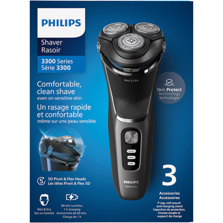 Aparat de ras PHILIPS Shaver Seria 3000 S3343/13, barbierit umed şi uscat, fara fir, capete 5D pivotante si flexibile, lame autoascutire, 60 min, sistem de barbierire anticoroziune, capac de protectie, suport de incarcare, Negru