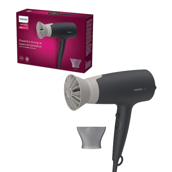 Uscator de par Philips BHD351/10, 2100W, accesoriu Thermo Protect, ingrijire cu ioni, 6 setari de viteza/temperatura, cap de coafare 14 mm, Gri