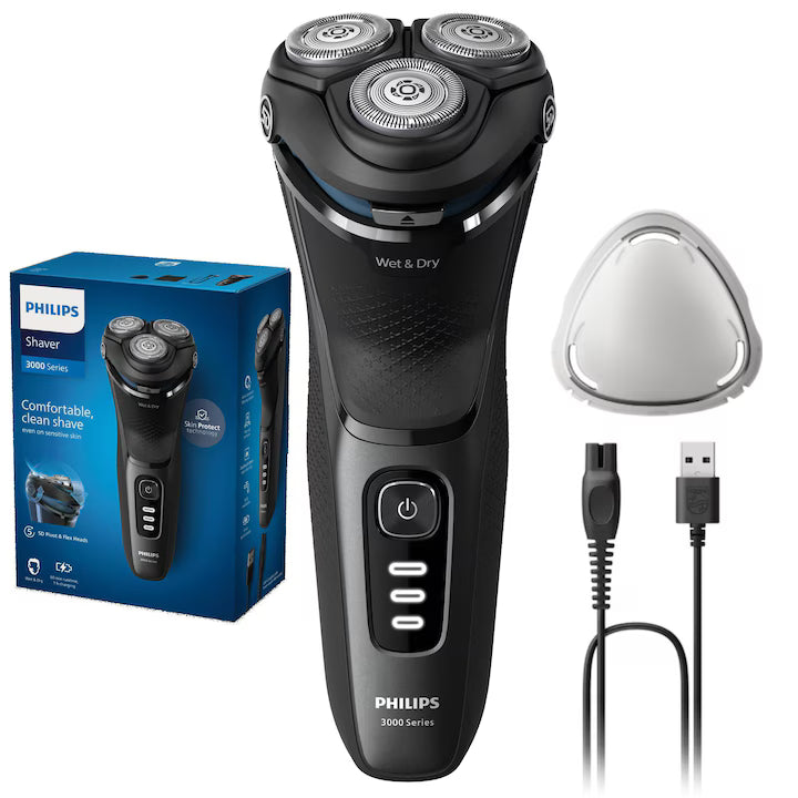 Aparat de ras PHILIPS Shaver Seria 3000 S3244/12, barbierit umed şi uscat, fara fir, capete 5D pivotante si flexibile, lame autoascutire, 60 min, sistem de barbierire anticoroziune, capac de protectie, Negru