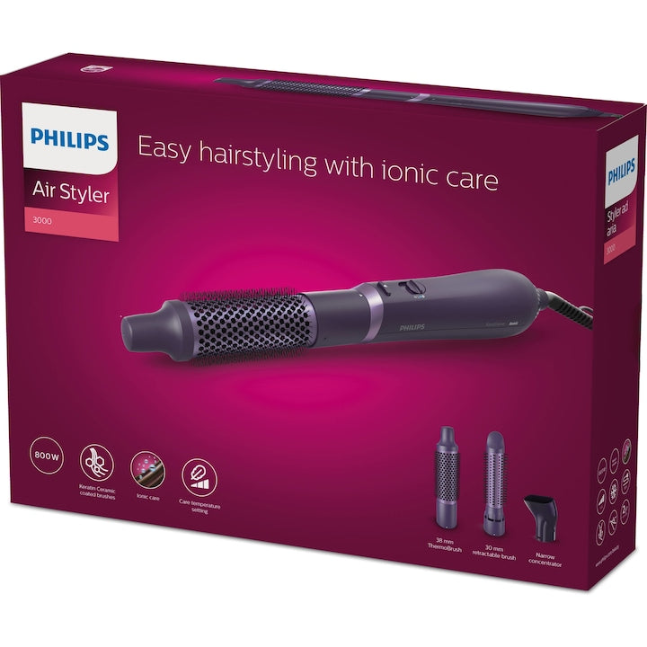 Perie cu aer cald Philips Seria 3000 BHA305/00, 800W, tehnologie cu ioni, 3 accesorii, diametru perie 38mm, setare temperatura de ingrijire si aer rece, infuzata cu cheratina