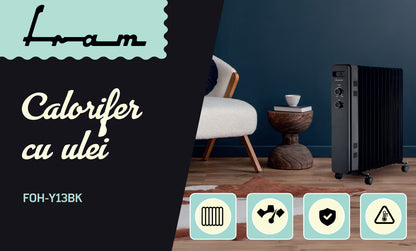 Calorifer electric cu ulei Fram FOH-Y13BK, 13 elementi, 2500 W, 3 setari de temperatura, Termostat ajustabil, Protectie supraincalzire, Negru