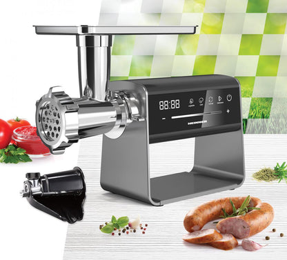 Masina de tocat HEINNER EXQUISITEFORCE HMG-DIS2500, 2500 W, Control Touch, Angrenaj plantar 6 roti, Accesoriu rosii, kibbe si carnati, 2.5 kg/min Functie Reverse Inox