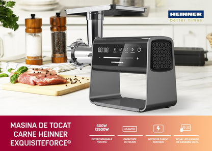 Masina de tocat HEINNER EXQUISITEFORCE HMG-DIS2500, 2500 W, Control Touch, Angrenaj plantar 6 roti, Accesoriu rosii, kibbe si carnati, 2.5 kg/min Functie Reverse Inox