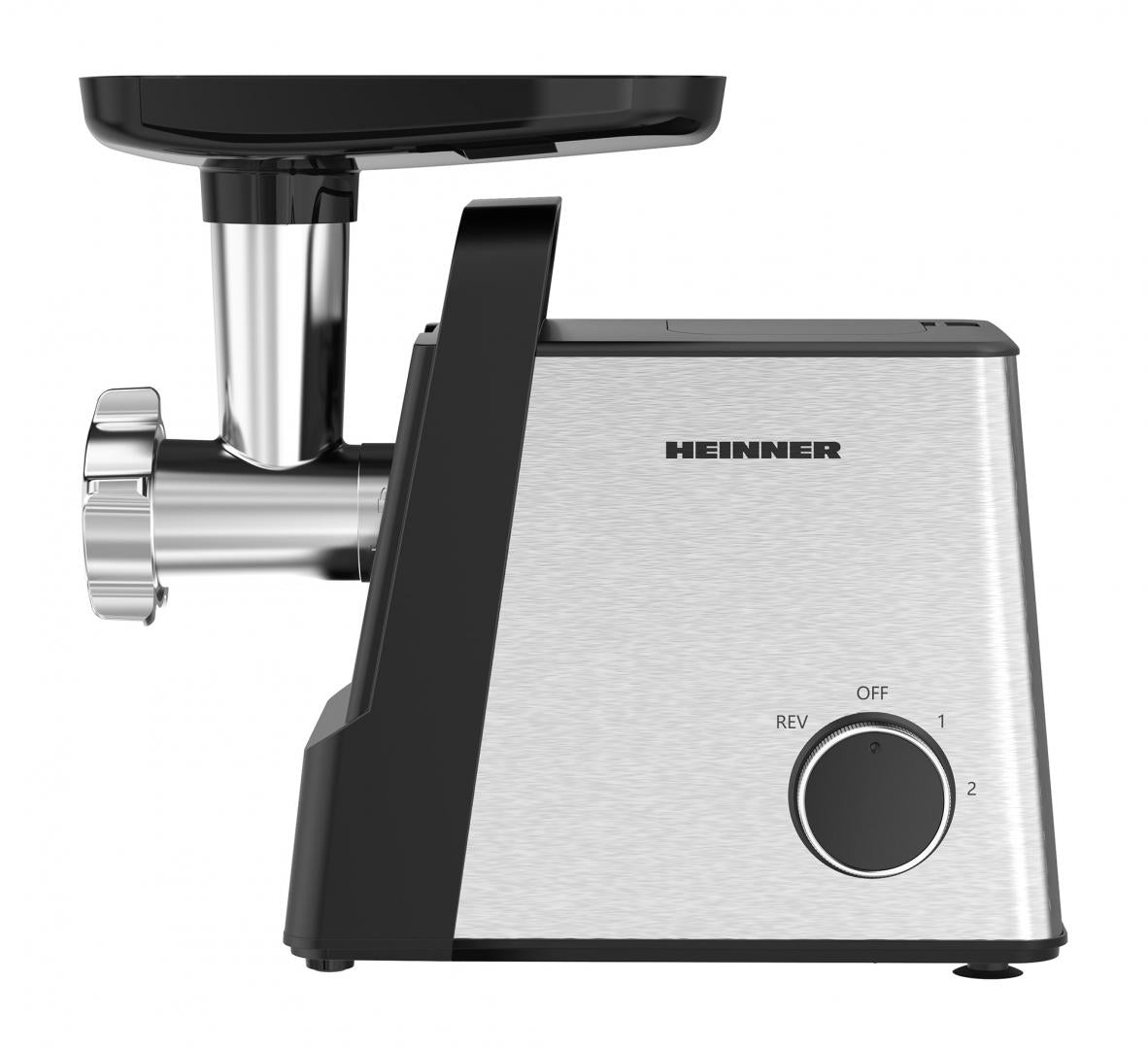 Masina de tocat HEINNER HMG-2100SS3, 2100 W, 2 viteze, 3 site metalice, Accesoriu rosii, kibbe si carnati, Cutite Inox, Functie Reverse Negru/Inox