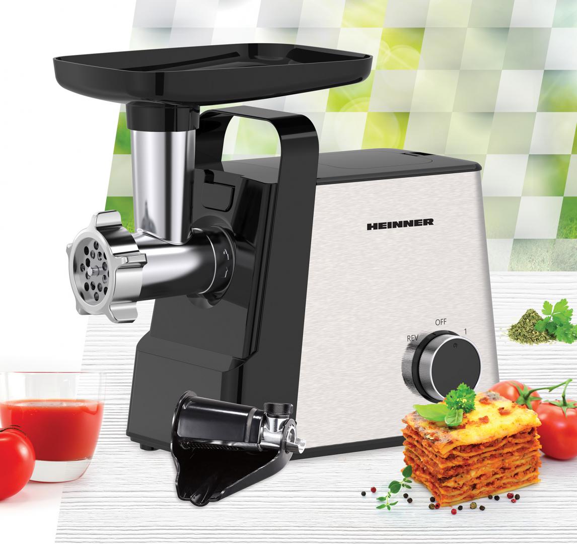 Masina de tocat HEINNER HMG-2100SS3, 2100 W, 2 viteze, 3 site metalice, Accesoriu rosii, kibbe si carnati, Cutite Inox, Functie Reverse Negru/Inox