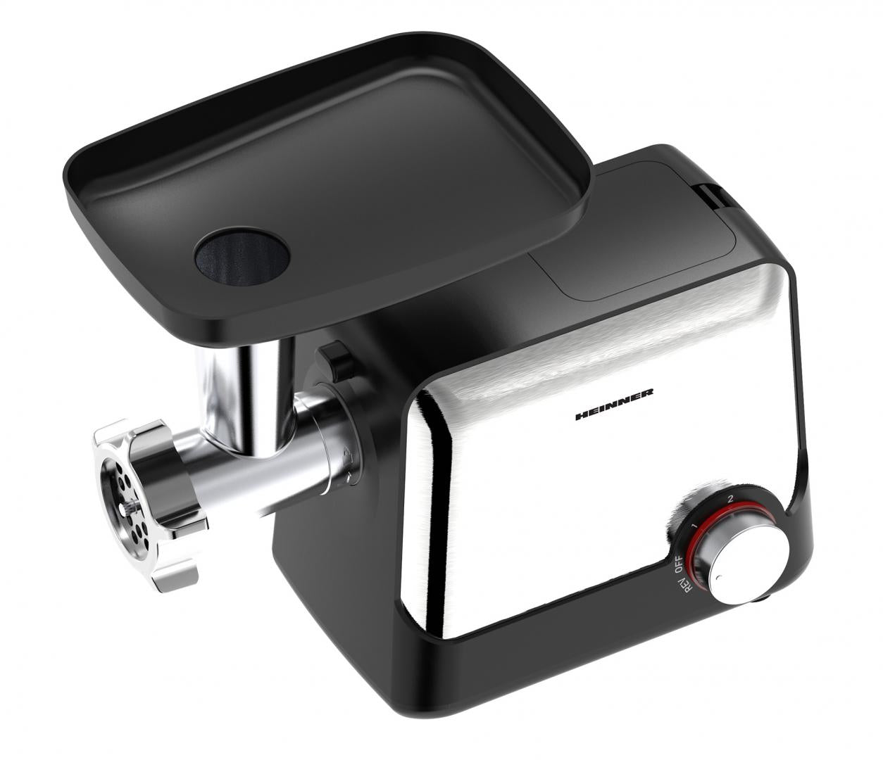 Masina de tocat Heinner HMG-2100BKS3, 2100W, 1.8 kg/min, accesoriu rosii, accesorii kibbe si carnati, cutit inox, 2 site metalica, Negru/Inox