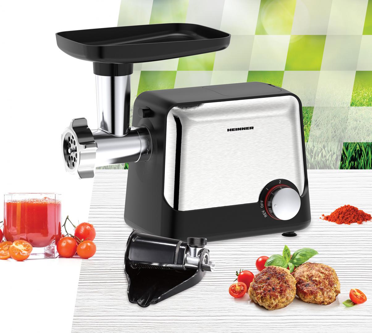 Masina de tocat Heinner HMG-2100BKS3, 2100W, 1.8 kg/min, accesoriu rosii, accesorii kibbe si carnati, cutit inox, 2 site metalica, Negru/Inox