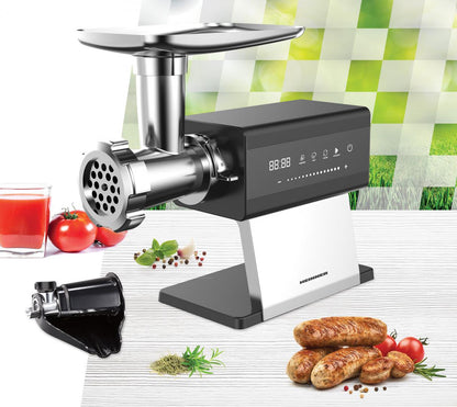 Masina de tocat HEINNER PRESTIGECHOP HMG-DTSS2500, 2500 W, Control Touch, Angrenaj planetar 6 roti, Accesoriu rosii, kibbe si carnati, 2.5 kg/min, Viteza variabila, Functie reverse Inox