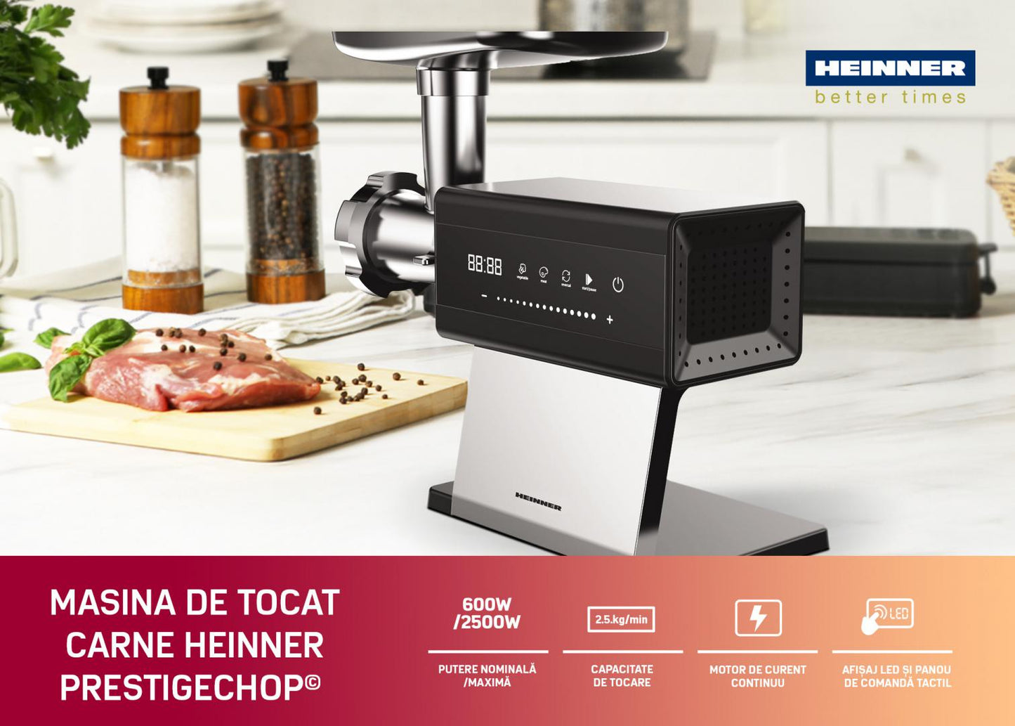 Masina de tocat HEINNER PRESTIGECHOP HMG-DTSS2500, 2500 W, Control Touch, Angrenaj planetar 6 roti, Accesoriu rosii, kibbe si carnati, 2.5 kg/min, Viteza variabila, Functie reverse Inox