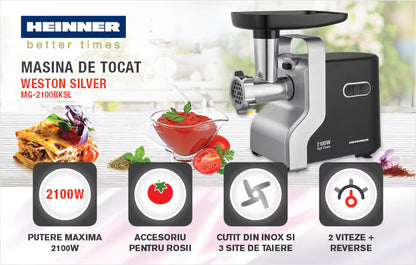 Masina de tocat carne Heinner MG-2100BKSL, 2100 W, Accesoriu rosii, Cutit Inox, Negru/Argintiu