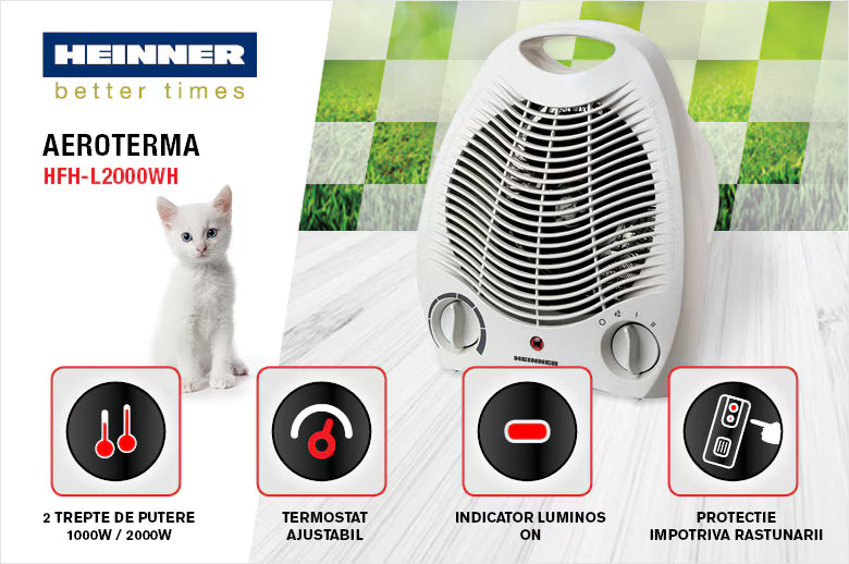Aeroterma Heinner HFH-L2000WH, 2 trepte de putere: 1000/2000W, indicator luminos “ON”, termostat reglabil, protectie impotriva rasturnarii, protectie la supraincalzire